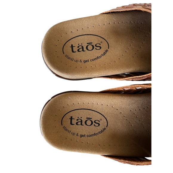 Taos Women's Size 8 Guru Cognac Leather Comfort Woven Slide Sandals Spain NEW - Picture 7 of 10